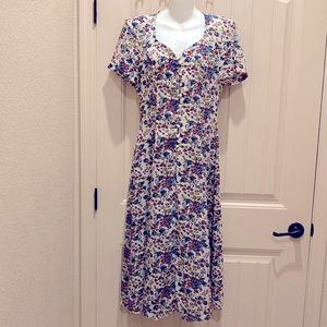 Vintage Algo Midi Dress Foral Print Pearl Buttons Cap Sleeves Lace up Back